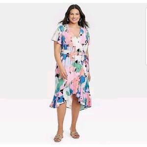 Ava & Viv Abstract Print Faux Wrap Ruffle Midi Dress Plus Size 2X Summer